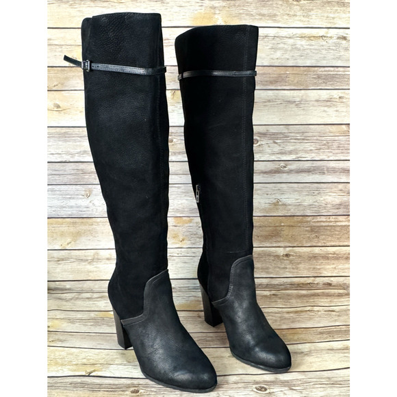 Antonio Melani Womens Black Suede Leather Block Heel OTK Minimalist Boots 8M - Picture 1 of 8